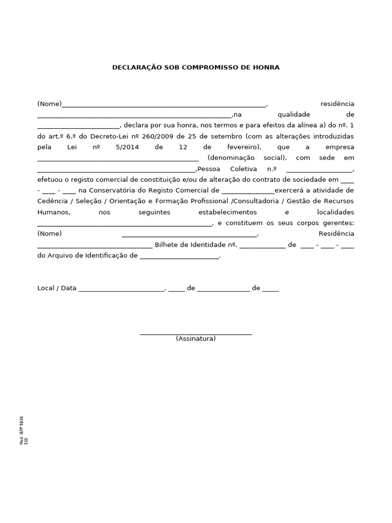 Declaração de Compromisso de Honra | PDF | Finanças e Administração de ...