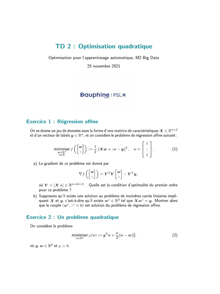 Cours sur l'optimisation quadratique | PDF | Optimisation mathématique ...