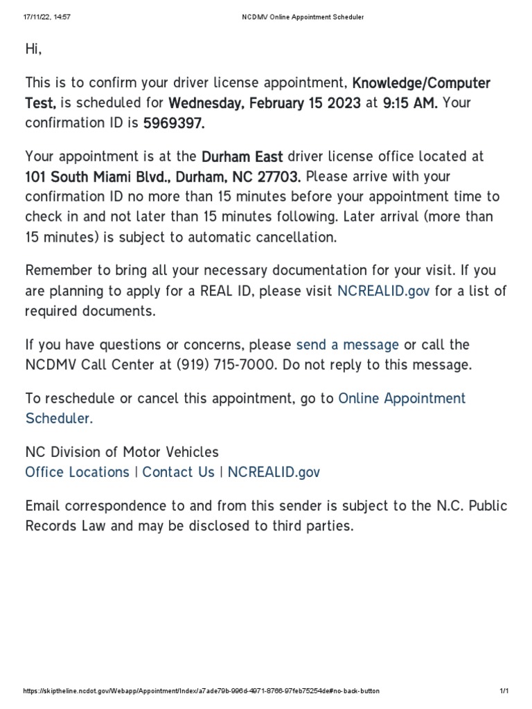 NC DMV Appointment Confirmation | PDF | Career & Growth | Finance ...