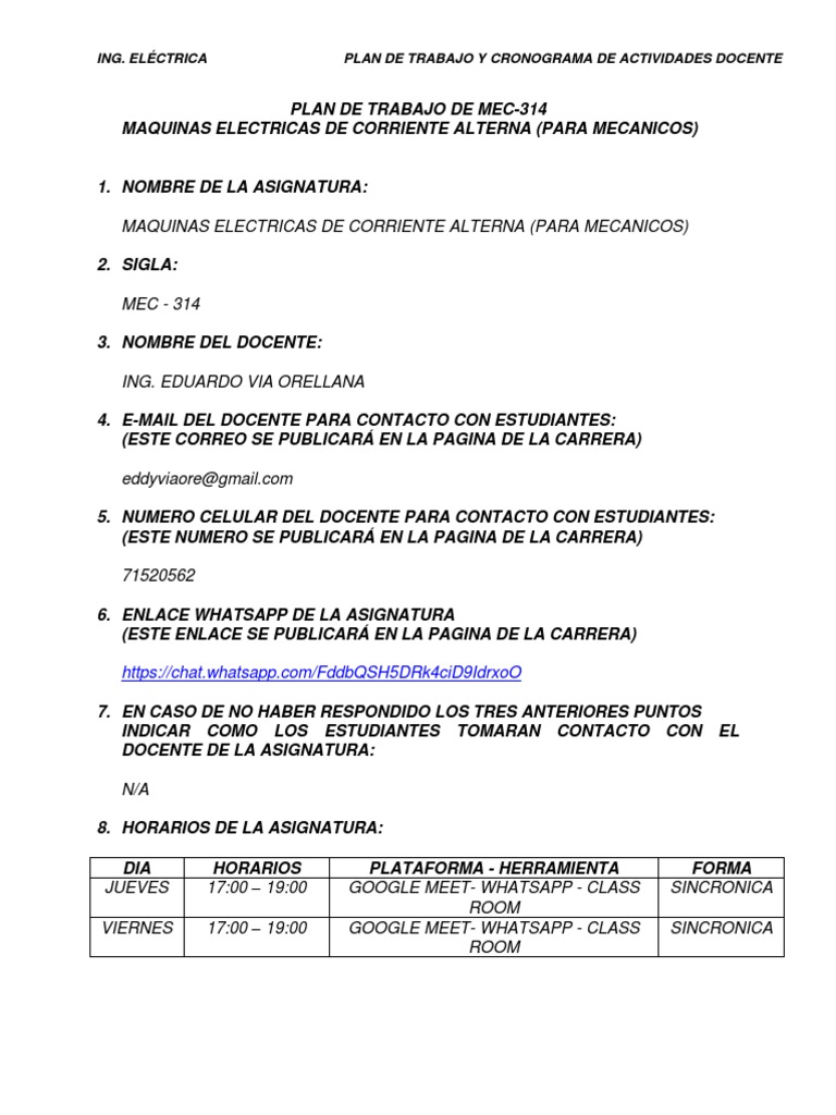 Plan de Trabajo MEC-314: Máquinas Eléctricas | PDF | Generador ...
