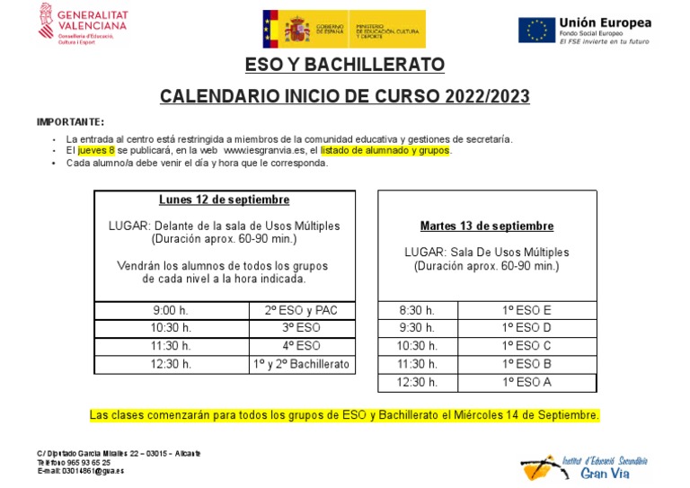 220901 Calendari Inici Curs Alumnes ESO BACH PDF
