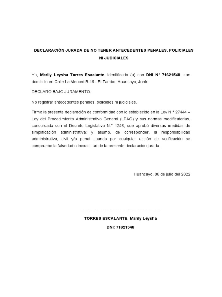 Modelo De Declaracion Jurada De No Tener Antecedentes Penales