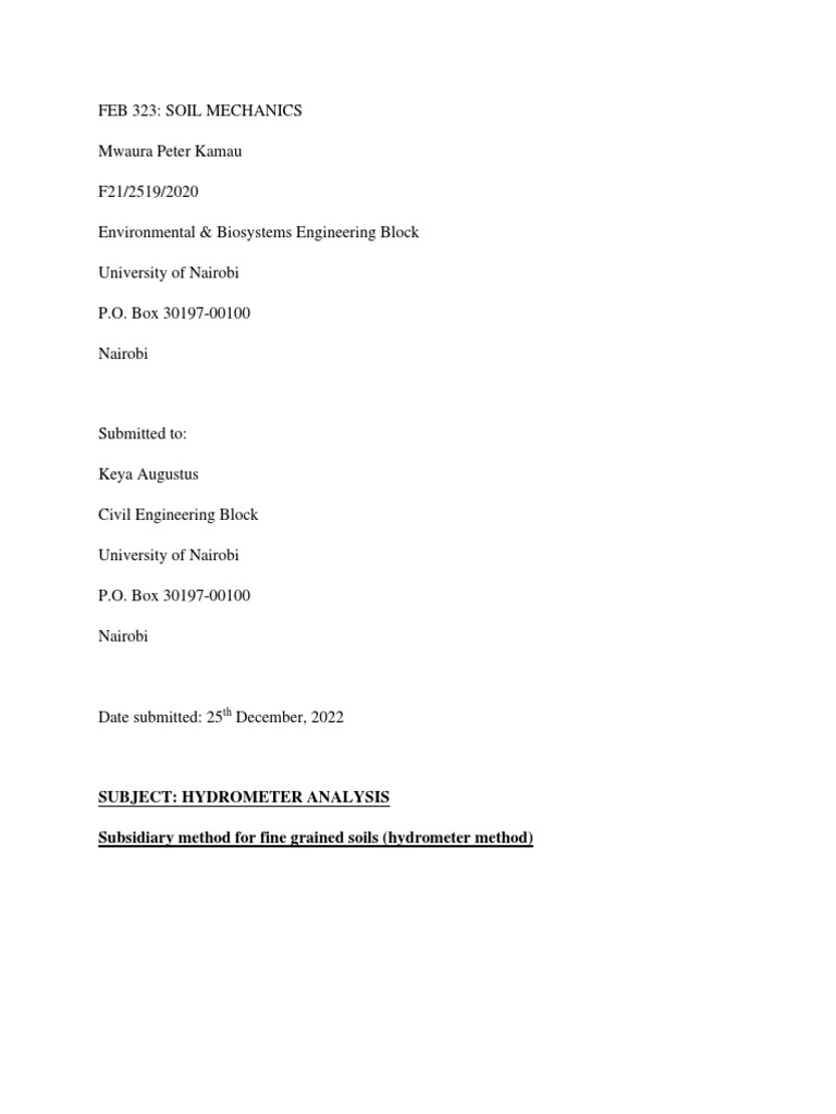 Hydrometer Analysis PDF Soil Mechanics Density