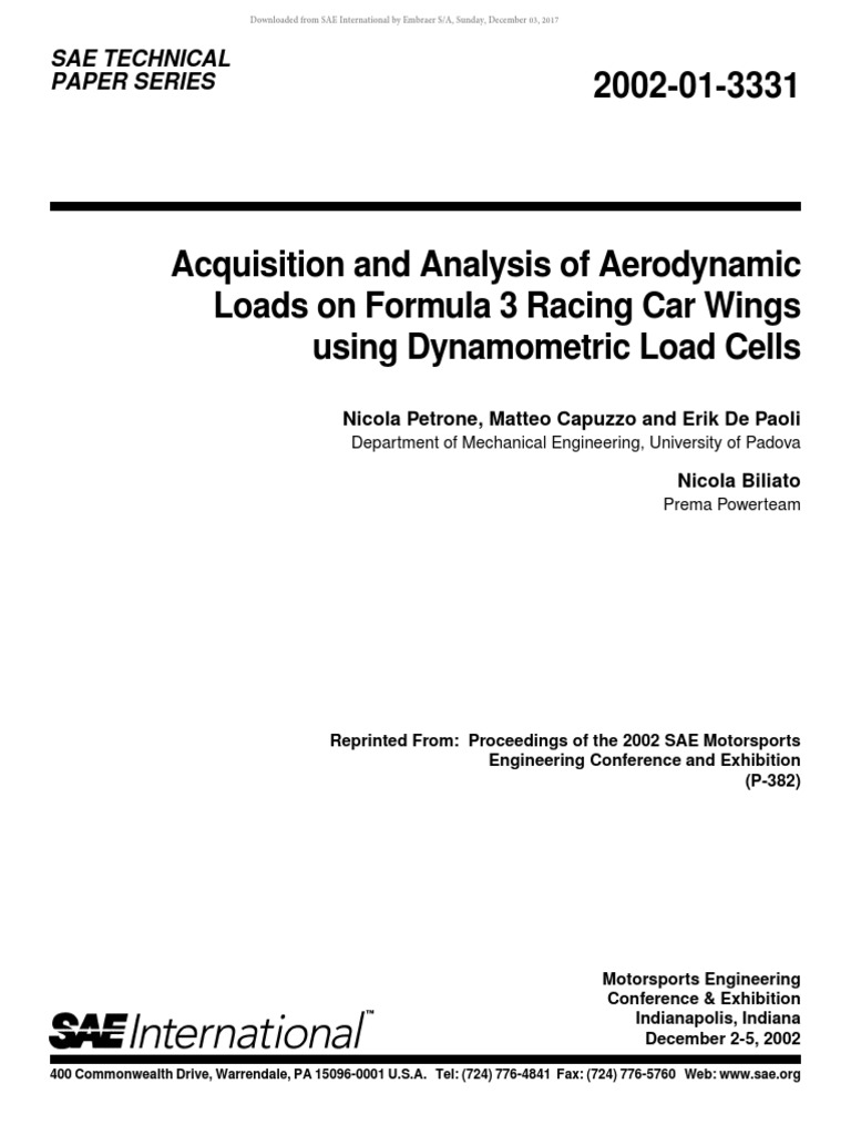 Acquisition and Analysis of Aerodynamic Loads On Formula 3 Racing Car