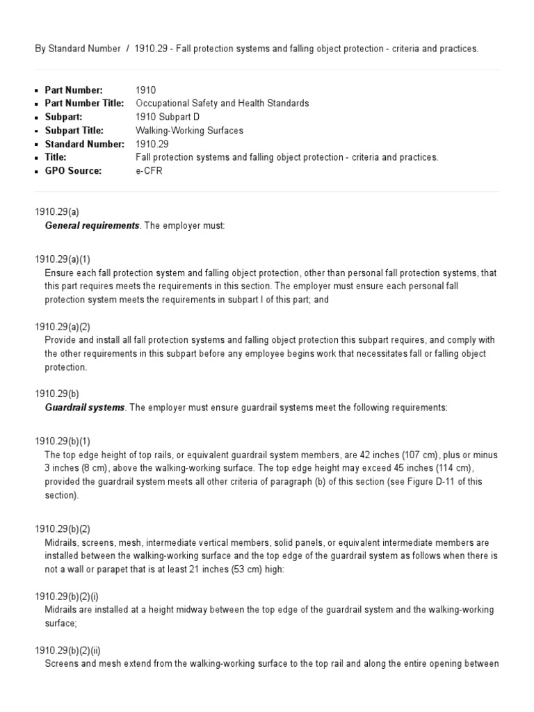 Standard 1910.29 Requirements for Fall Protection Systems, Falling