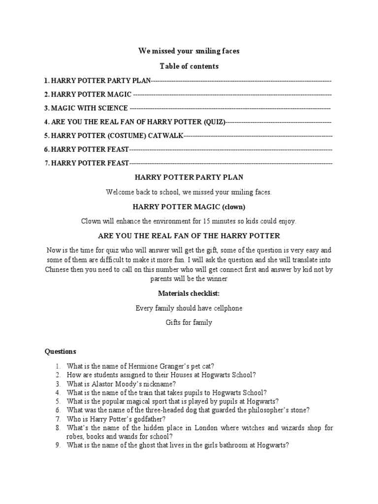 Harry Potter Party and Quiz Guide | PDF | Harry Potter | Fantasy