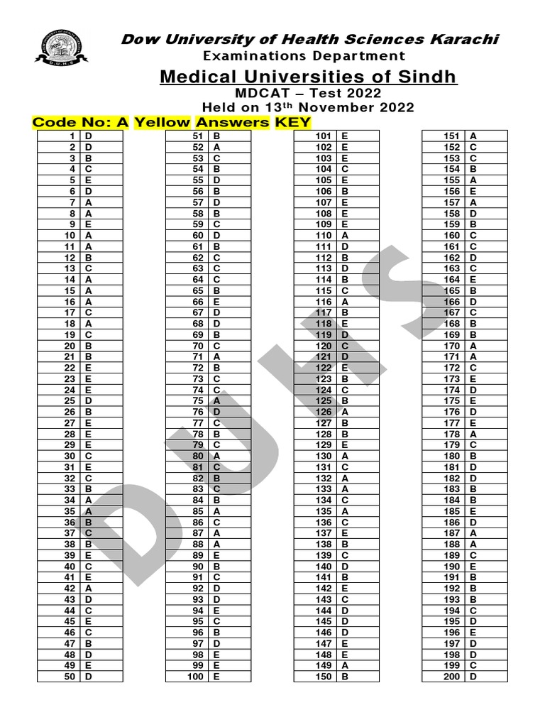 Mdcat 2022 dow university of health sciences karachi key pdf