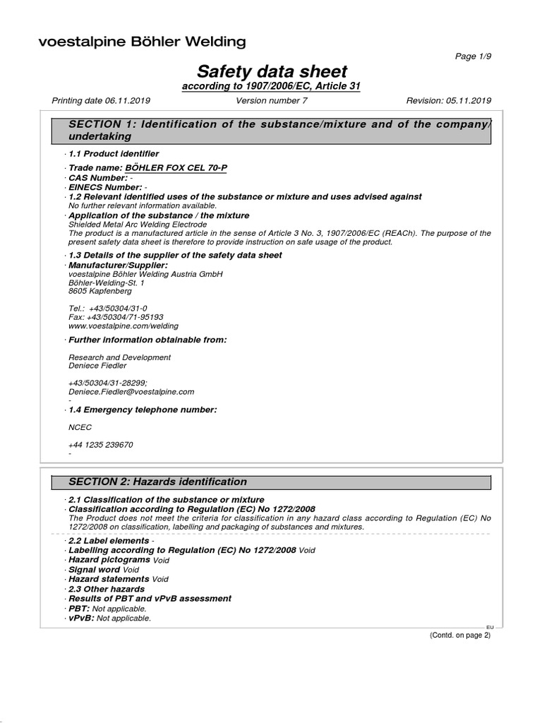Msds Electrode Bohler 7010 PDF Dangerous Goods Toxicity