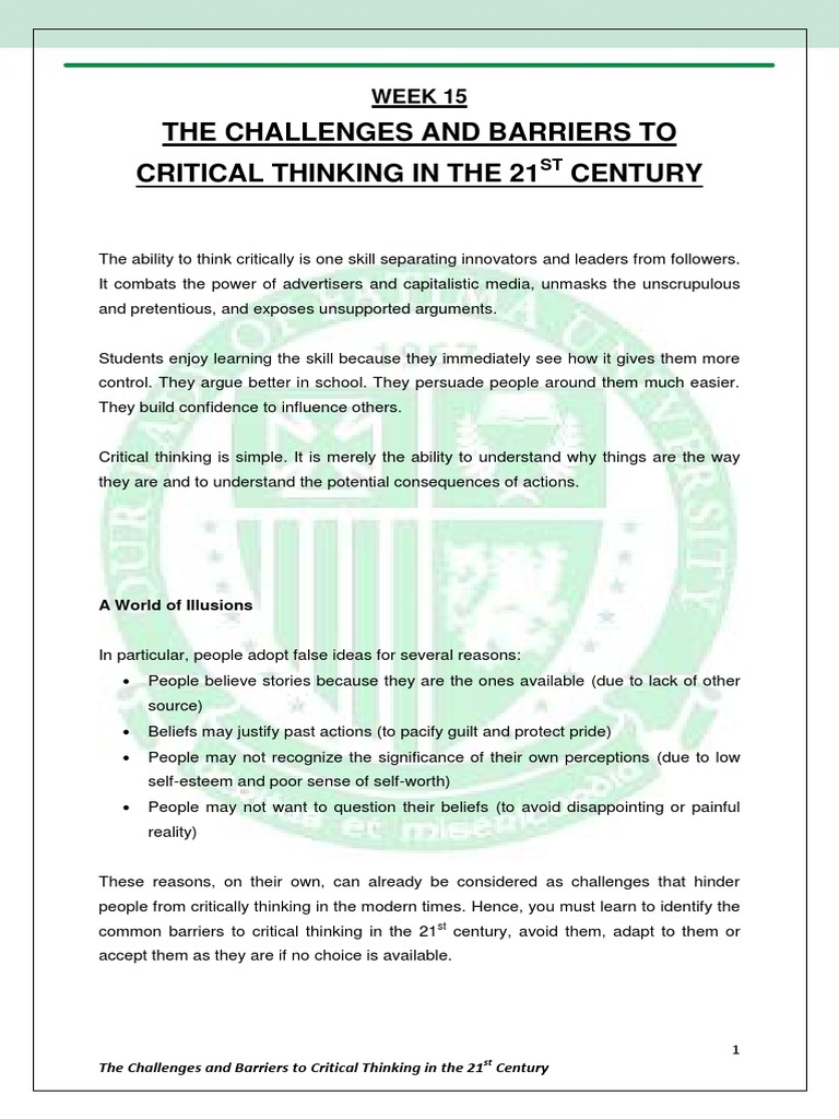 Week 15 The Challenges and Barriers To Critical Thinking in The 21st