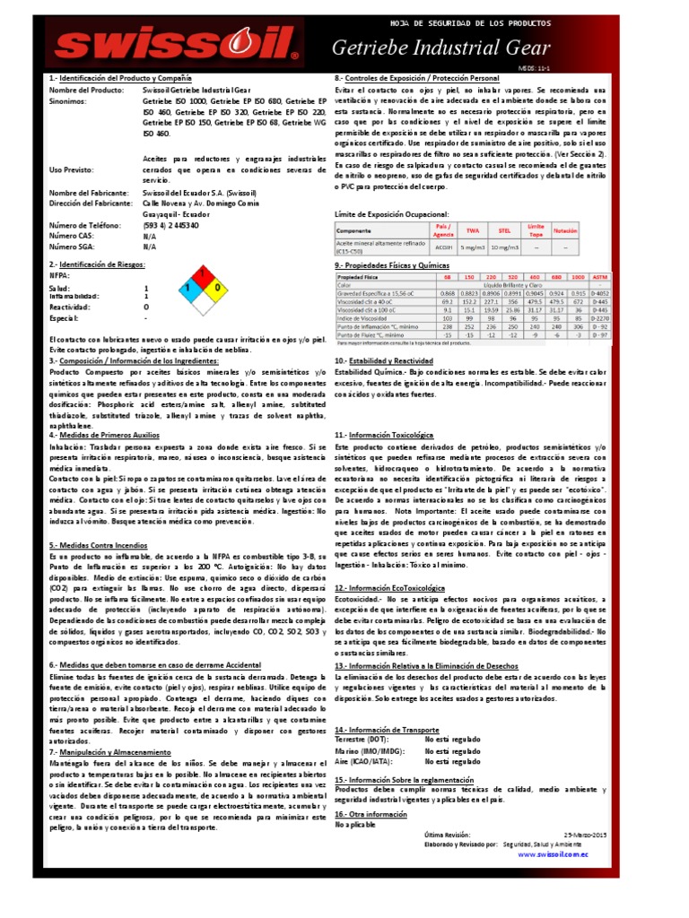 (SDS) 1000 MSDS PT SO Lube Getriebe Industrial Gear Descargar