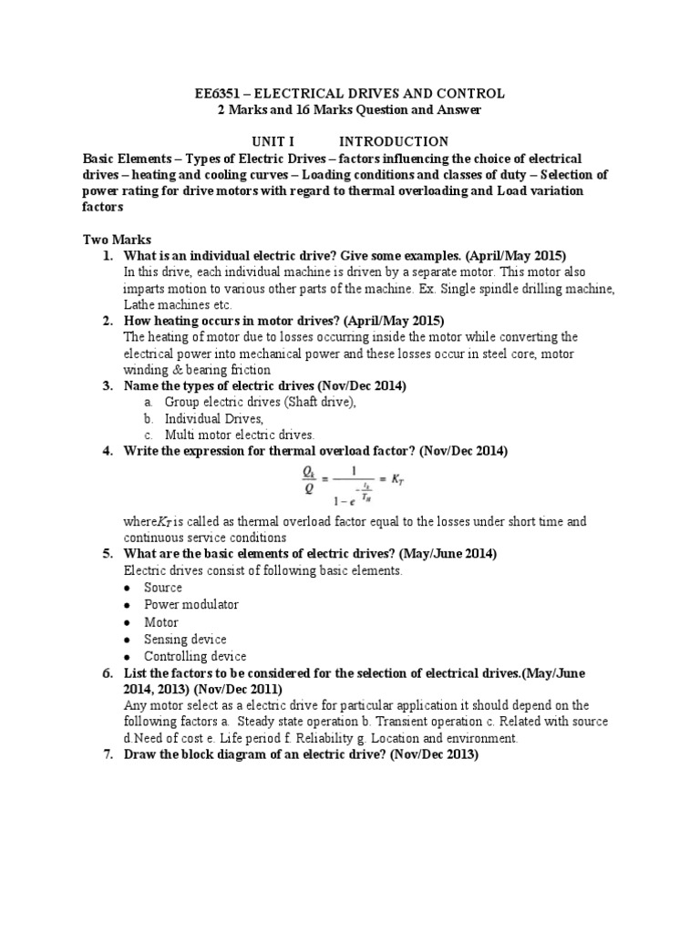 Ee6351 Electrical Drives and Control 2 M PDF Electric Motor