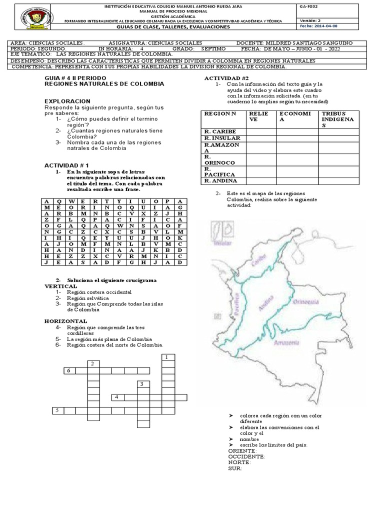 Guia # 4 Regiones de Colombia Septimo Ii Periodo 2022 | PDF | Andes ...