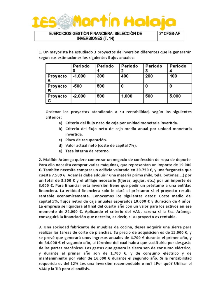 Ejercicios T. 14 SELECCIÓN DE INVERSIONES | PDF | Tasa interna de ...