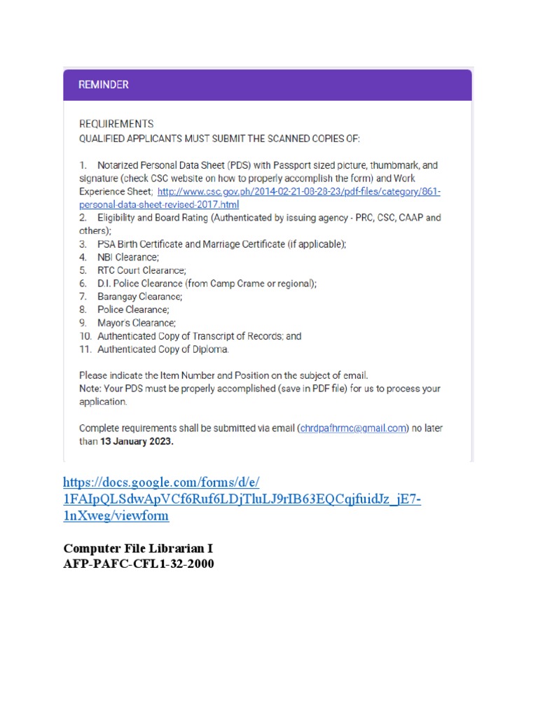 Requirements for the Position of Computer File Librarian I AFPPAFC