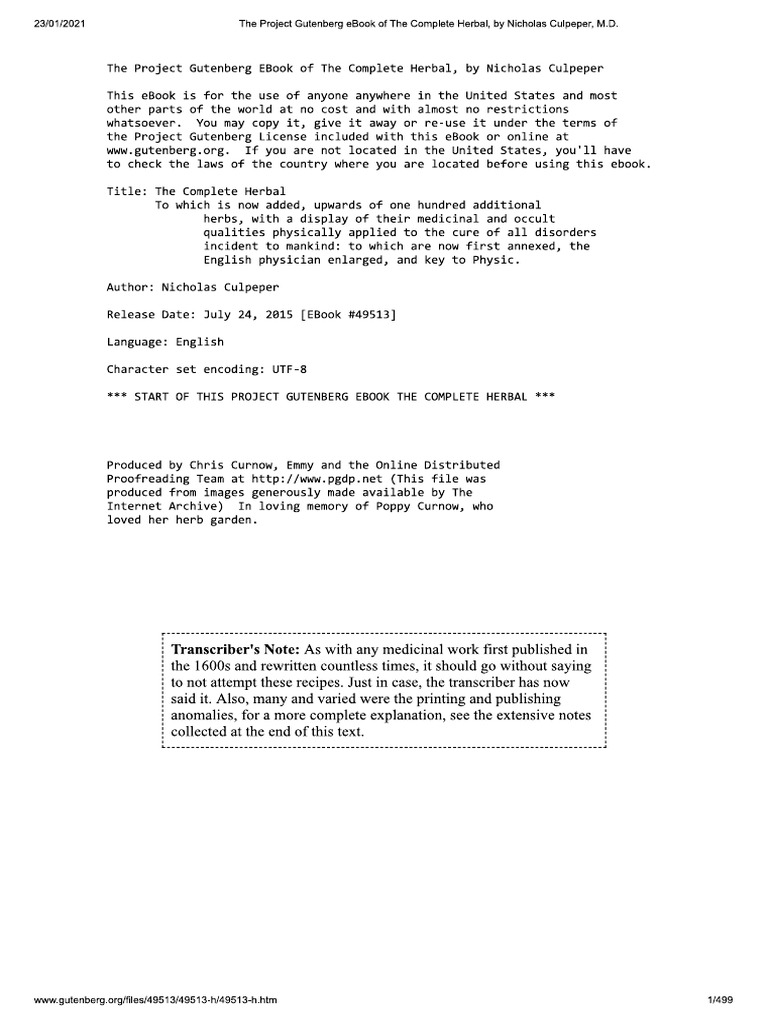 The Complete Herbal, by Nicholas Culpeper, M.D | PDF | Technology