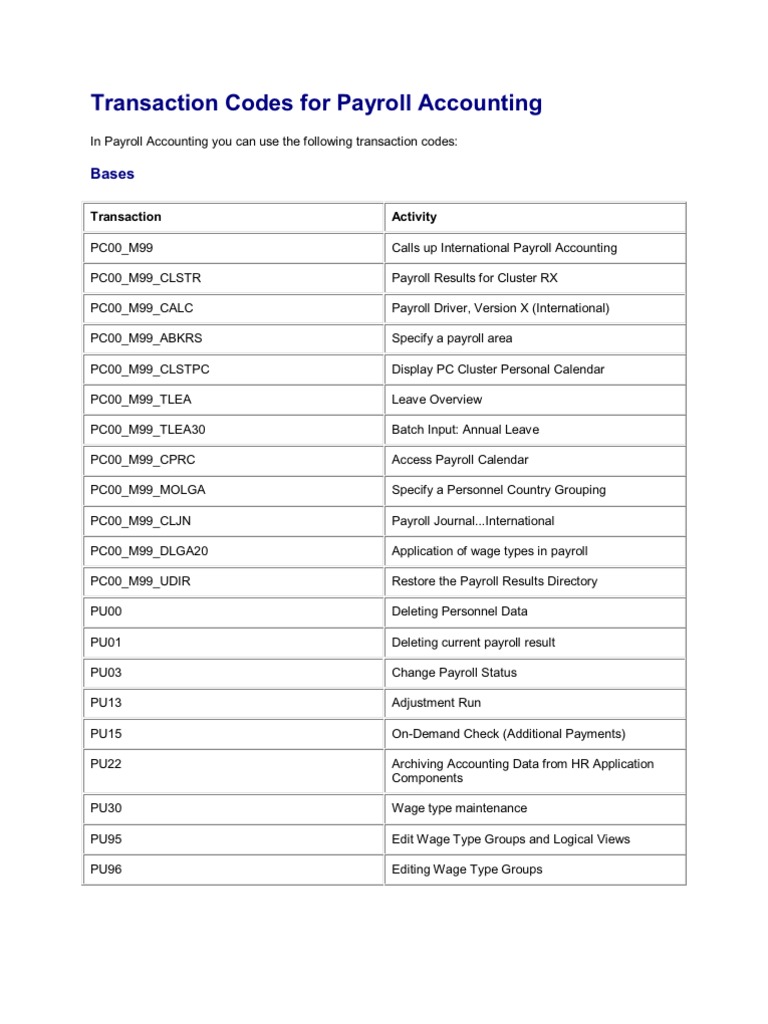 Sap Payroll Reports Transaction Codes