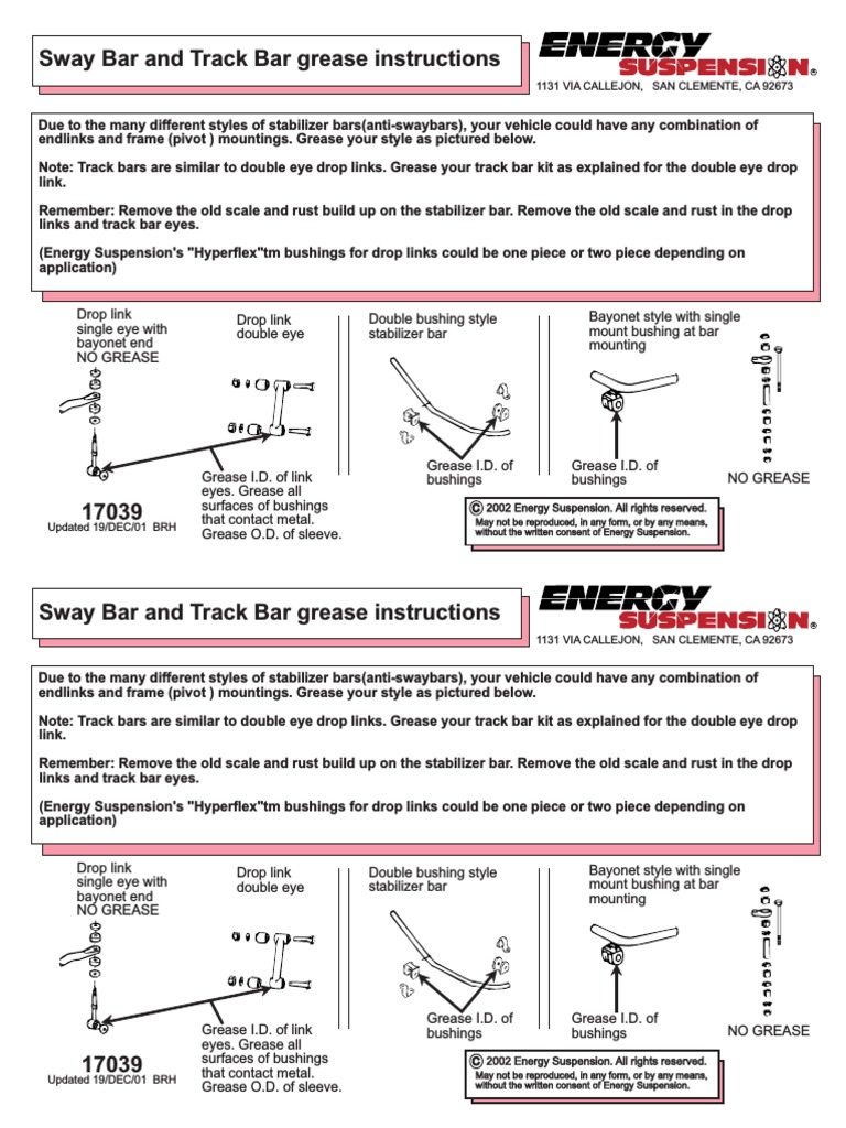 Sway Bar and Track Bar Grease Instructions 1131 Via Callejon, San