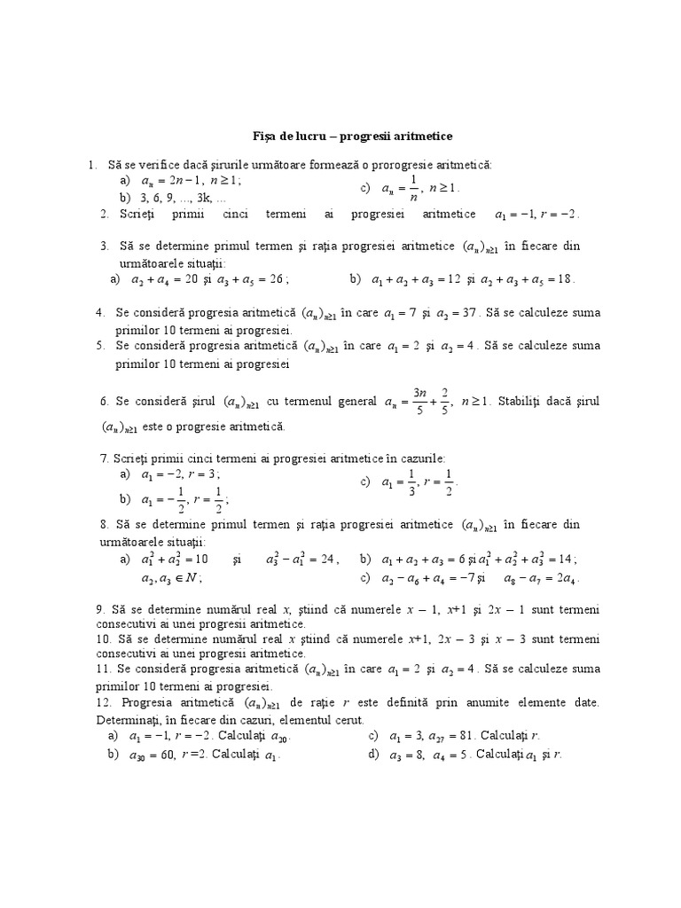 Progresii Aritmetice - Fisa Lucru | PDF
