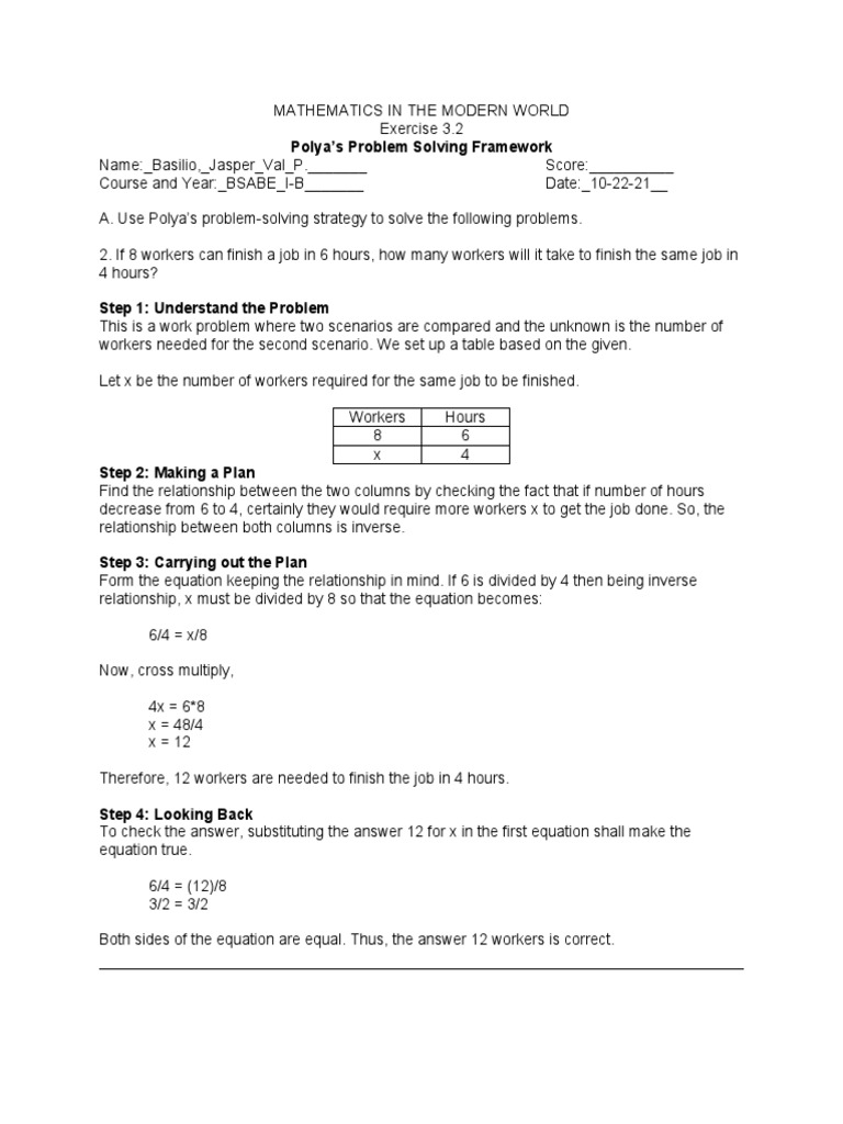 Exercise 3.2 Polya's Problem Solving Framework - Basilio, Jasper Val | PDF