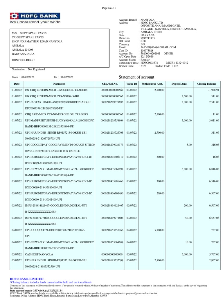 Statement of Account: Date Narration Chq./Ref - No. Value DT Withdrawal ...