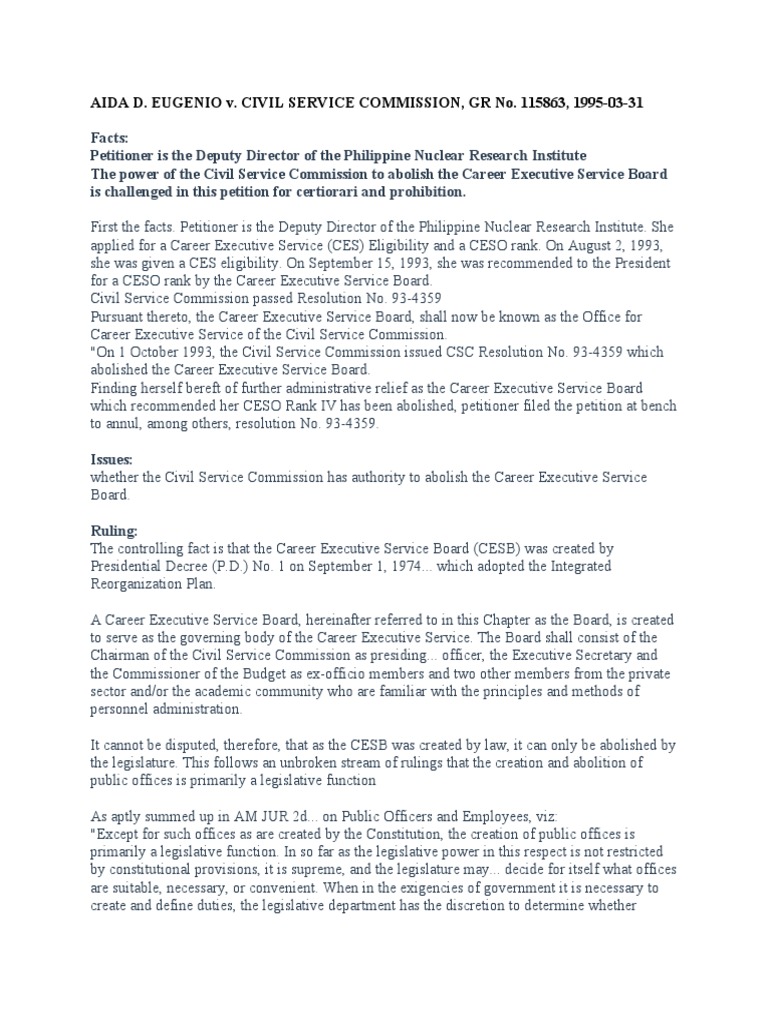 Eugenio v. CSC, GR No. 115863, 31 March 1995 | PDF | Constitutional Law ...