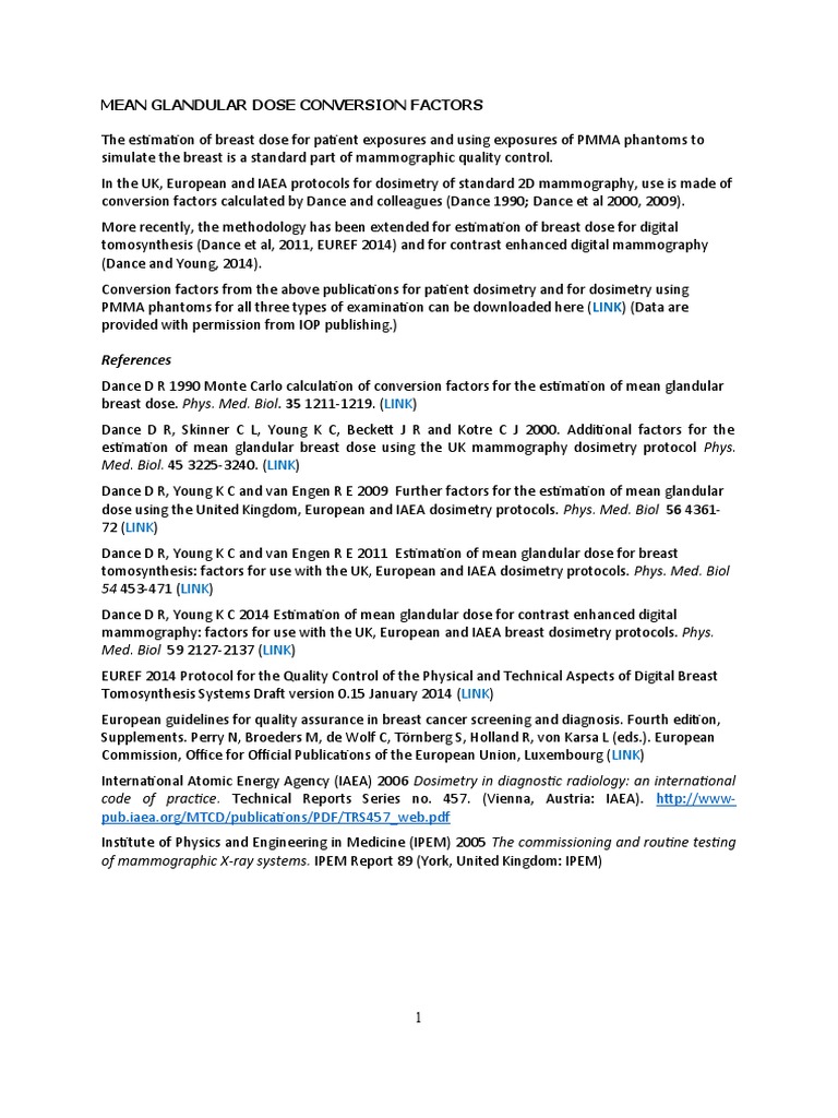 Mean Glandular Dose Conversion Factors PDF Mammography Dosimetry
