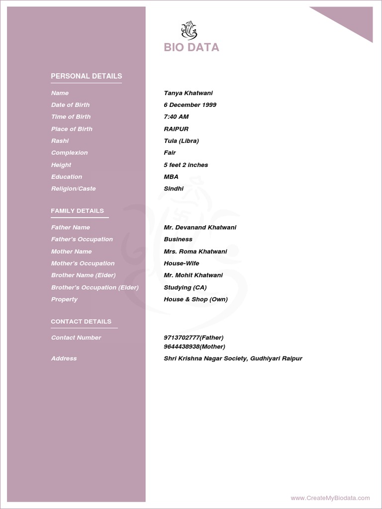 Tanya khatwani biodata by createmybiodata com pdf