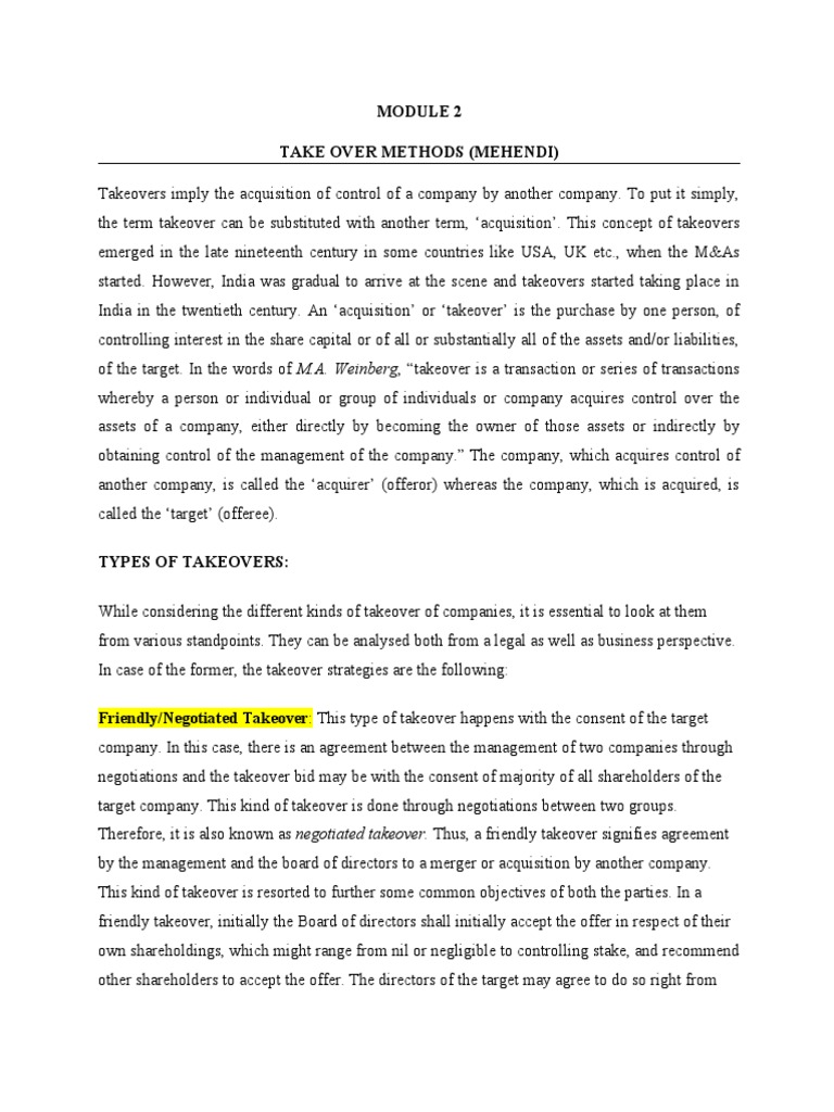 Takeover Notes | PDF | Takeover | Auction