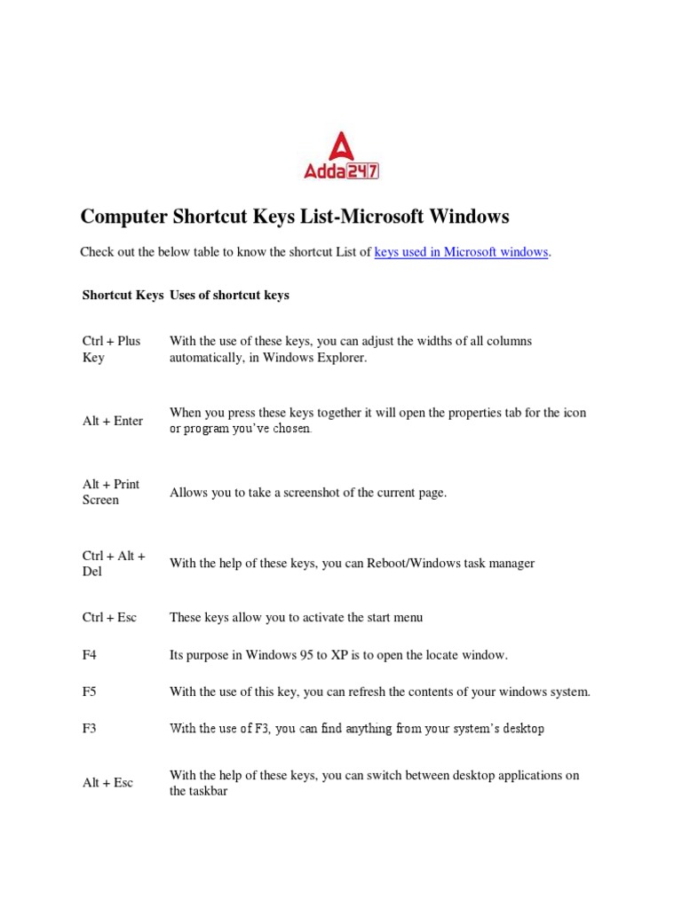 Computer Shortcut Keys List | PDF | Keyboard Shortcut | Microsoft Excel