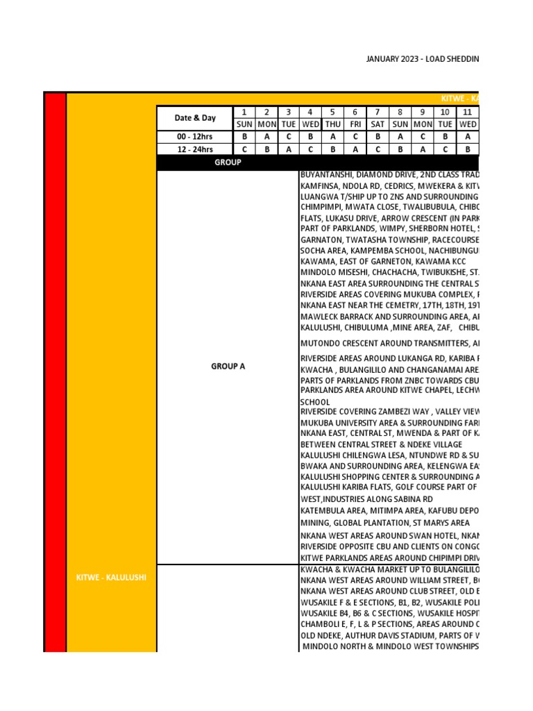 National Loadshedding Schedule Zesco January 2023 Final | PDF | Zambia