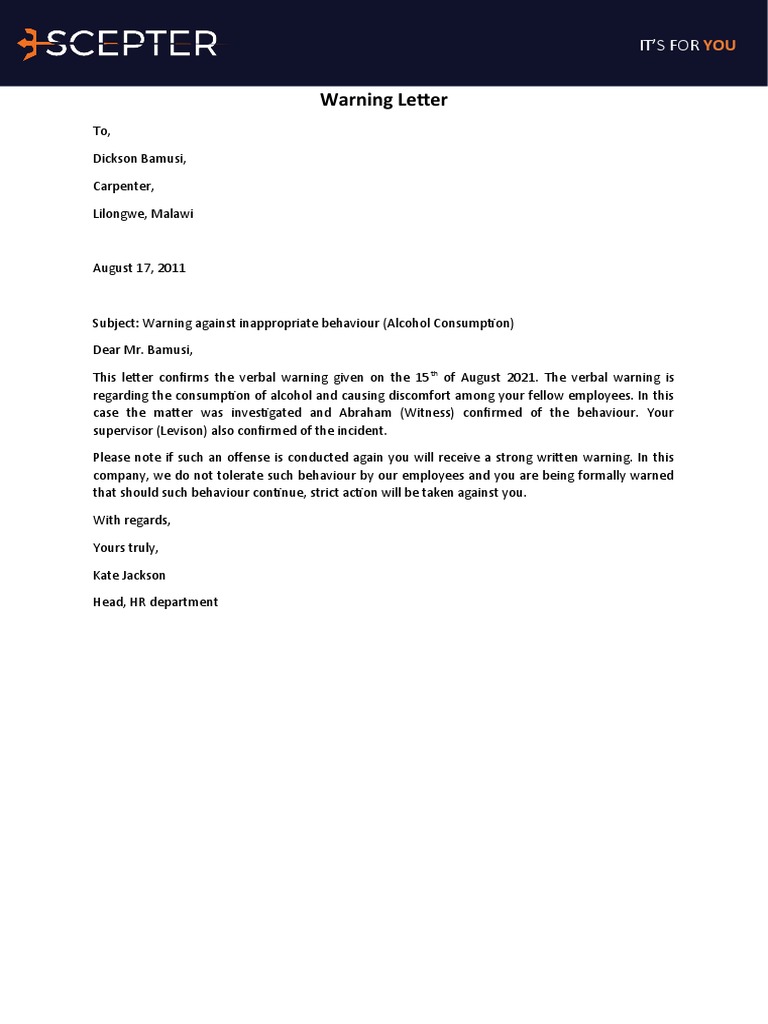Warning Letter for Alcohol Misconduct | PDF