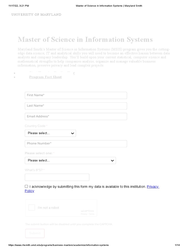 Master of Science in Information Systems Maryland Smith PDF