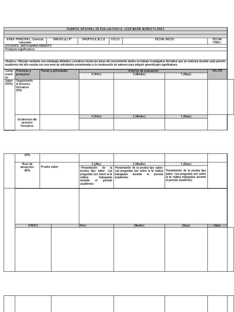 Rubrica Cuarto Periodo Grado Sextos Pdf Evaluación Aprendizaje