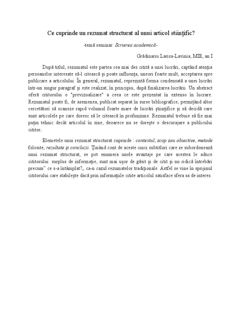 Ce Cuprinde Un Rezumat Structurat Al Unui Articol Stiințific | PDF