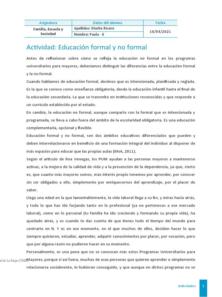 Educación Formal vs. No Formal en Mayores | PDF