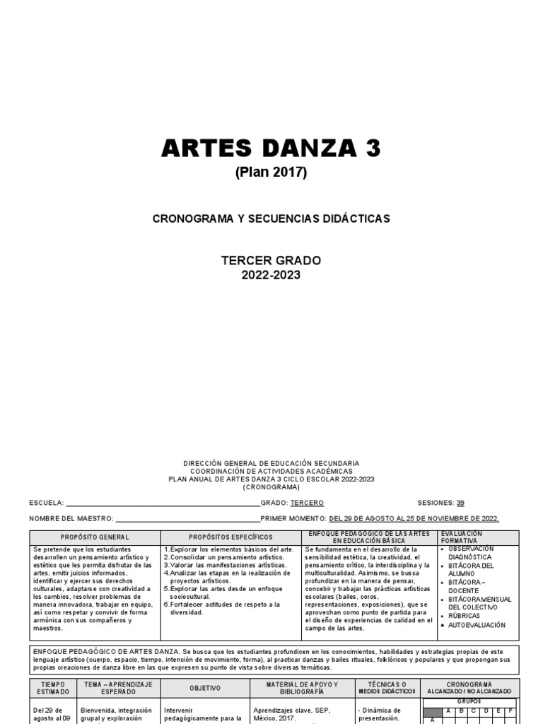 Cronograma Artes Danza 3 Secundaria | PDF | Bailes | Evaluación