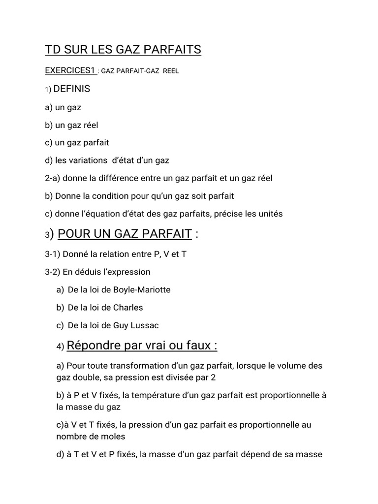 TD sur les Gaz Parfaits et Réels | PDF | Gaz | Pression