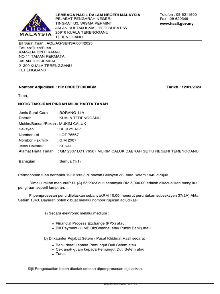 Notis Taksiran Pindah Milik Harta Tanah | PDF