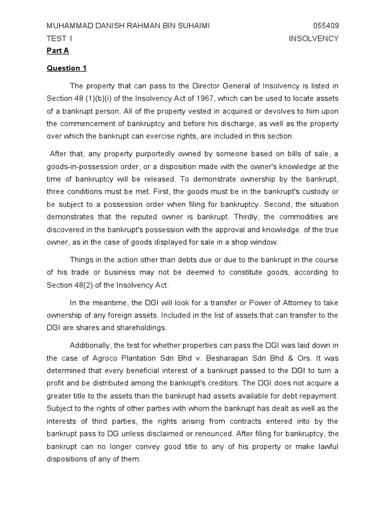 Test 1 Insolvency Pdf Bankruptcy Private Law