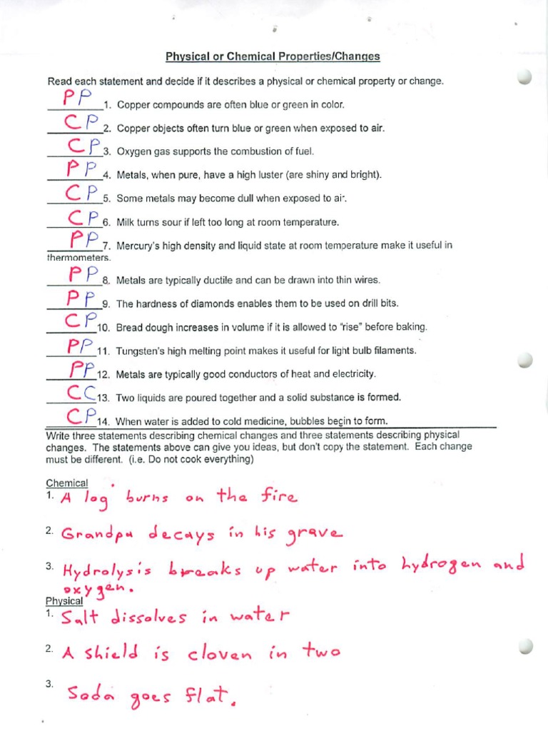 Physical and chemical properties and changes answer key pdf
