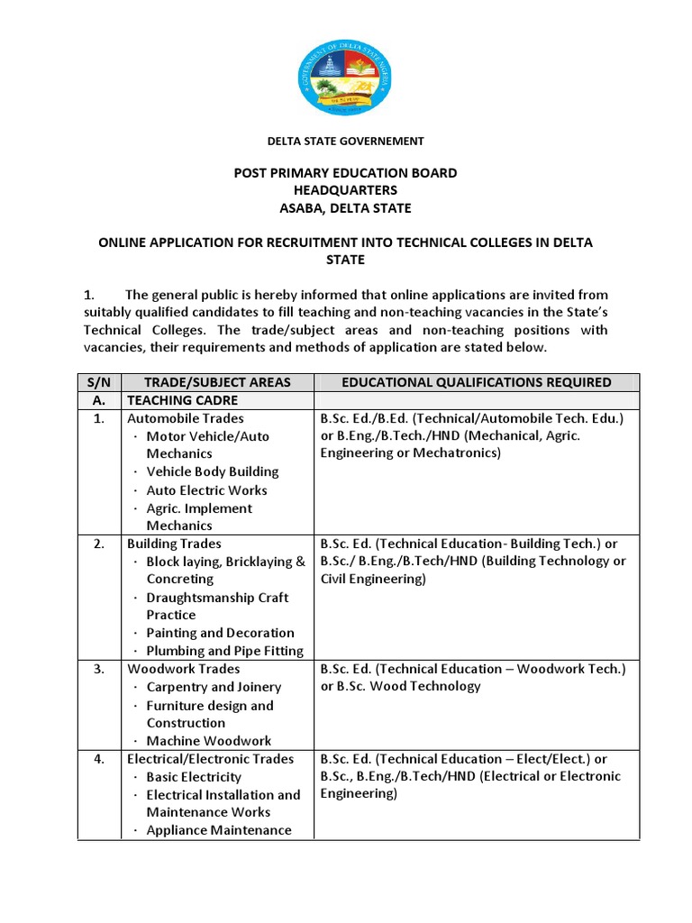 Delta State Government Announces Online Application Process for Teaching and NonTeaching