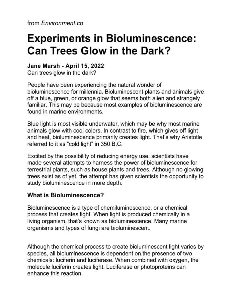 Experiments in Bioluminescence PDF Biology Organisms