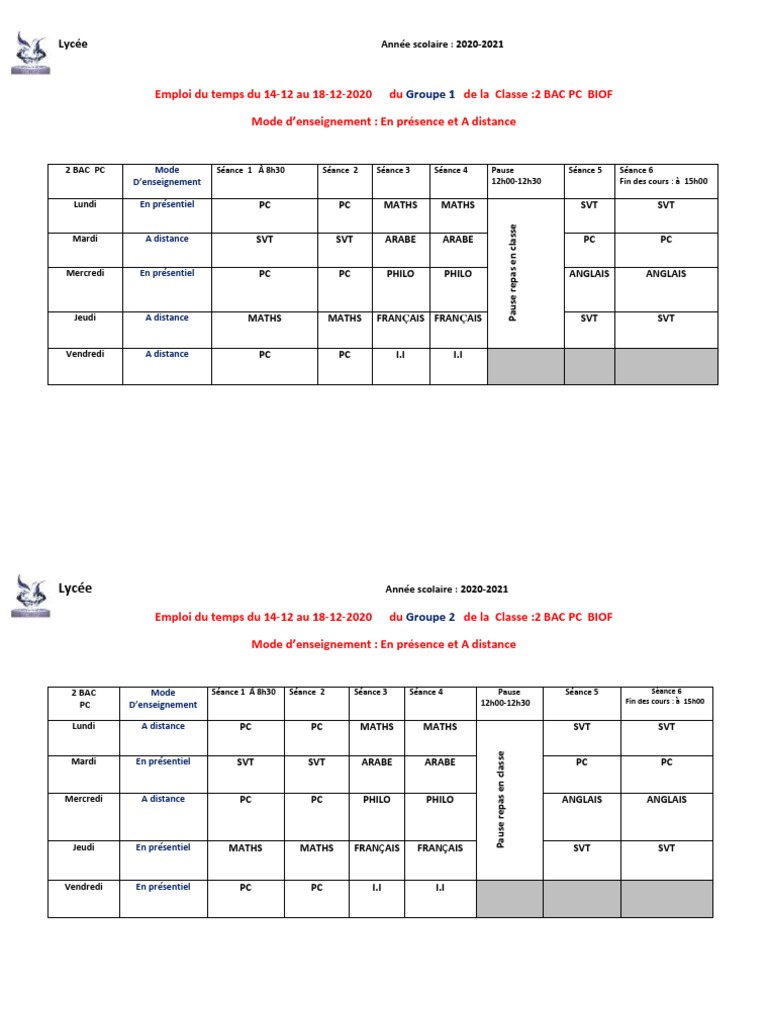 Emploi du temps 2 BAC PC et SVT | PDF | Cognition | Langues