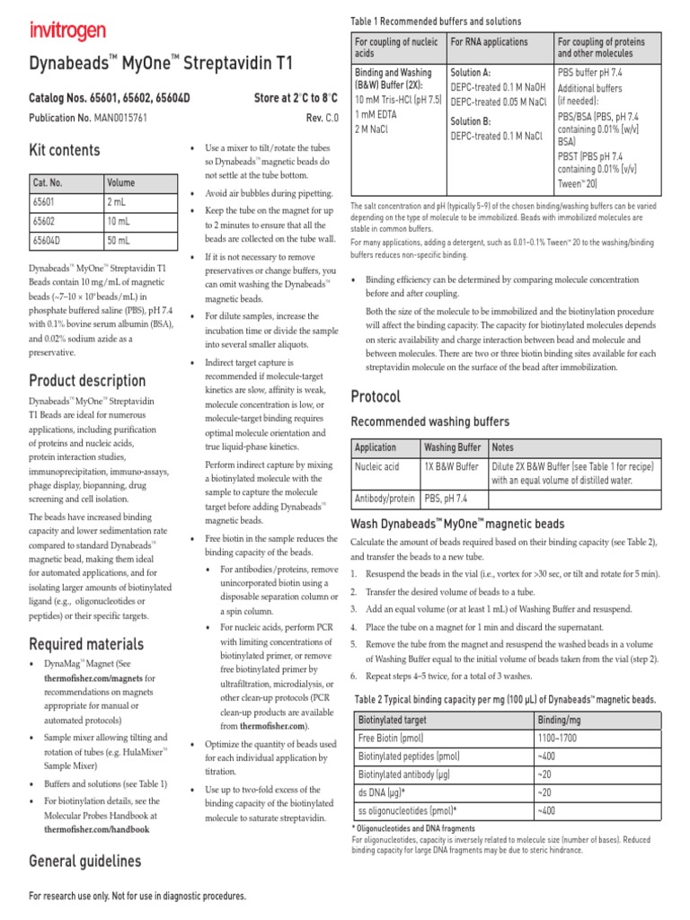 Dynabead sMyOne Streptavidin Magnetické Kuličky | PDF | Molecular ...