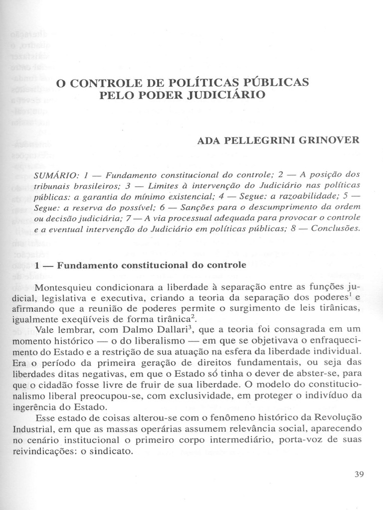 ADA PELLEGRINI GRINOVER O Controle de Políticas Públicas Pelo Poder