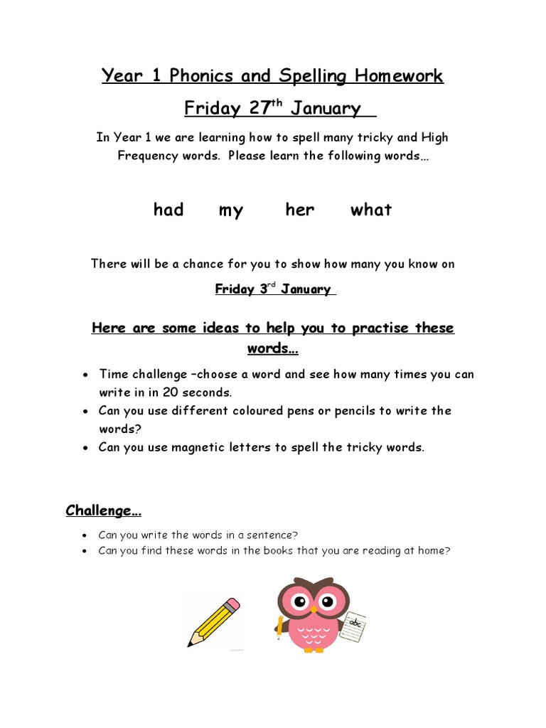 Year 1 Spelling Homework 27th January | PDF