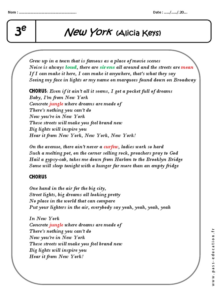 New York Alicia Keys 3Ã Me Lecture Comprã©hension en Anglais PDF