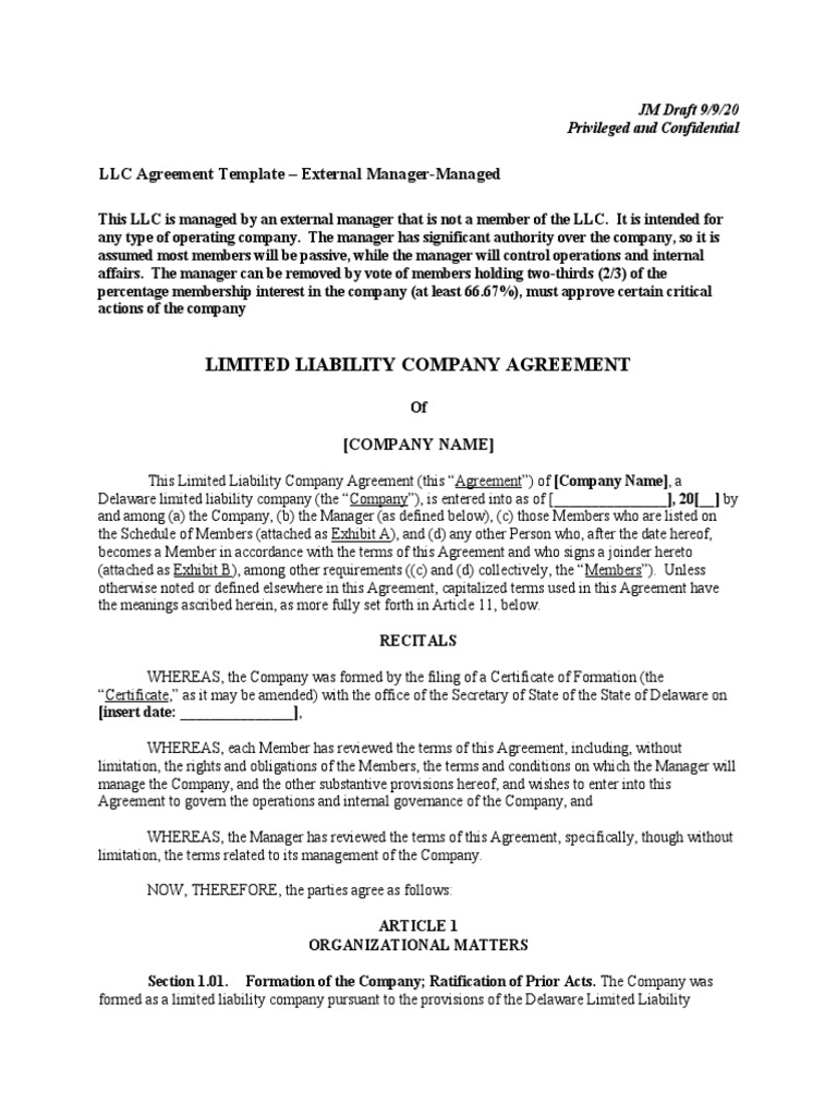 External Manager-Led LLC Agreement Template: Defining Roles and ...