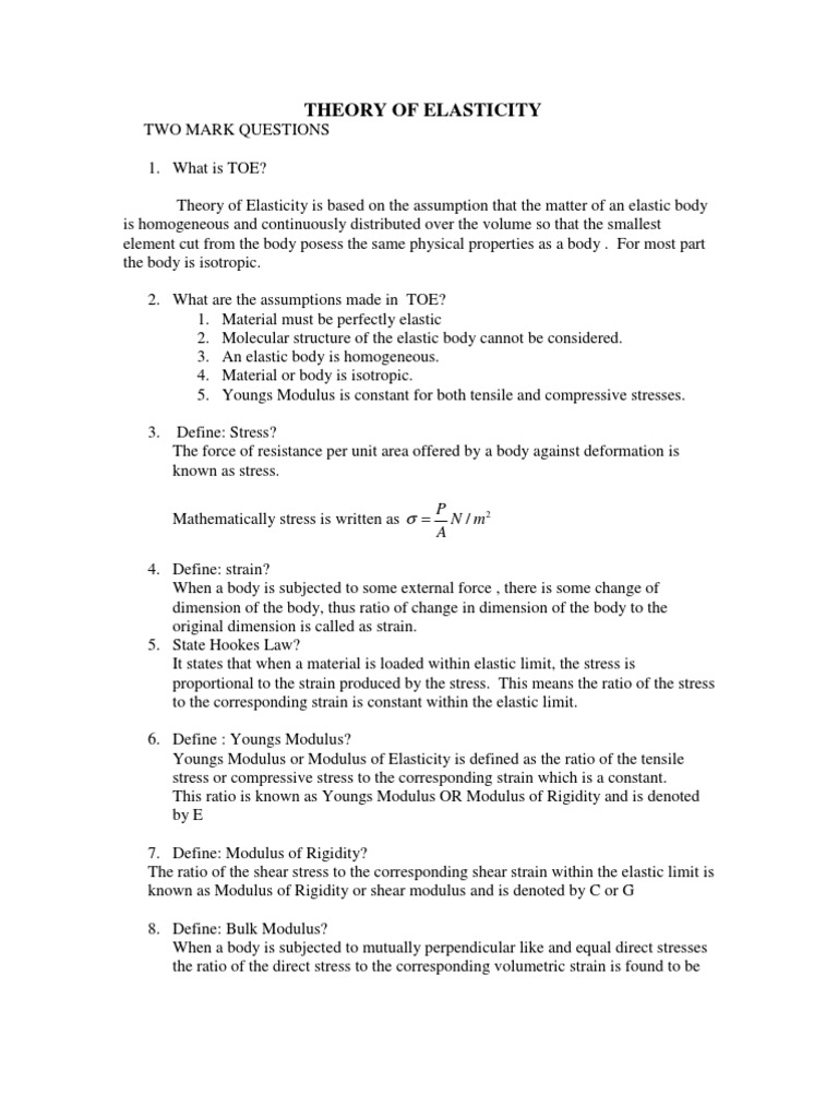 Theory of Elasticity Overview and Definitions | PDF | Young's Modulus ...