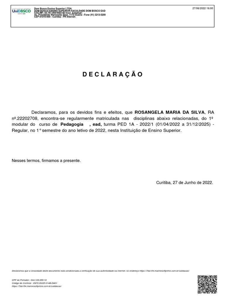 Declaração: Nesses Termos, Firmamos A Presente | PDF